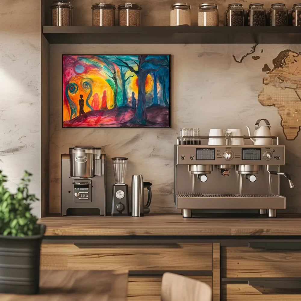 The poster is an abstract, surrealistic artwork with a vibrant and emotive theme. Travel Poster