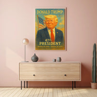 Donald Trump Dynamic Patriot Leadership Portrait Pop Art Realism Vibrant Flag Backdrop Collector Poster