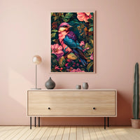 Vibrant Blue Pink Bird Perched Among Tropical Flora Poster