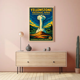 Yellowstone National Park Vintage Illustration Geyser Poster