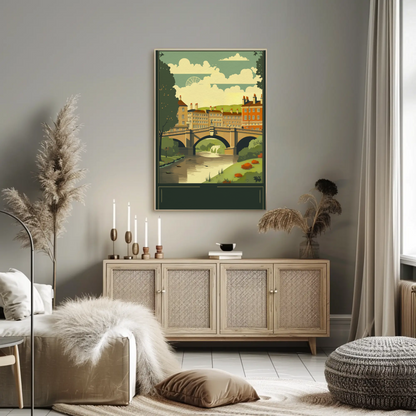 Historic Bridge Riverfall English Village Scenic Travel Poster