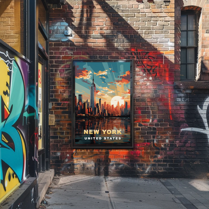 New York City Empire Sunset Reflection Vintage Travel Poster