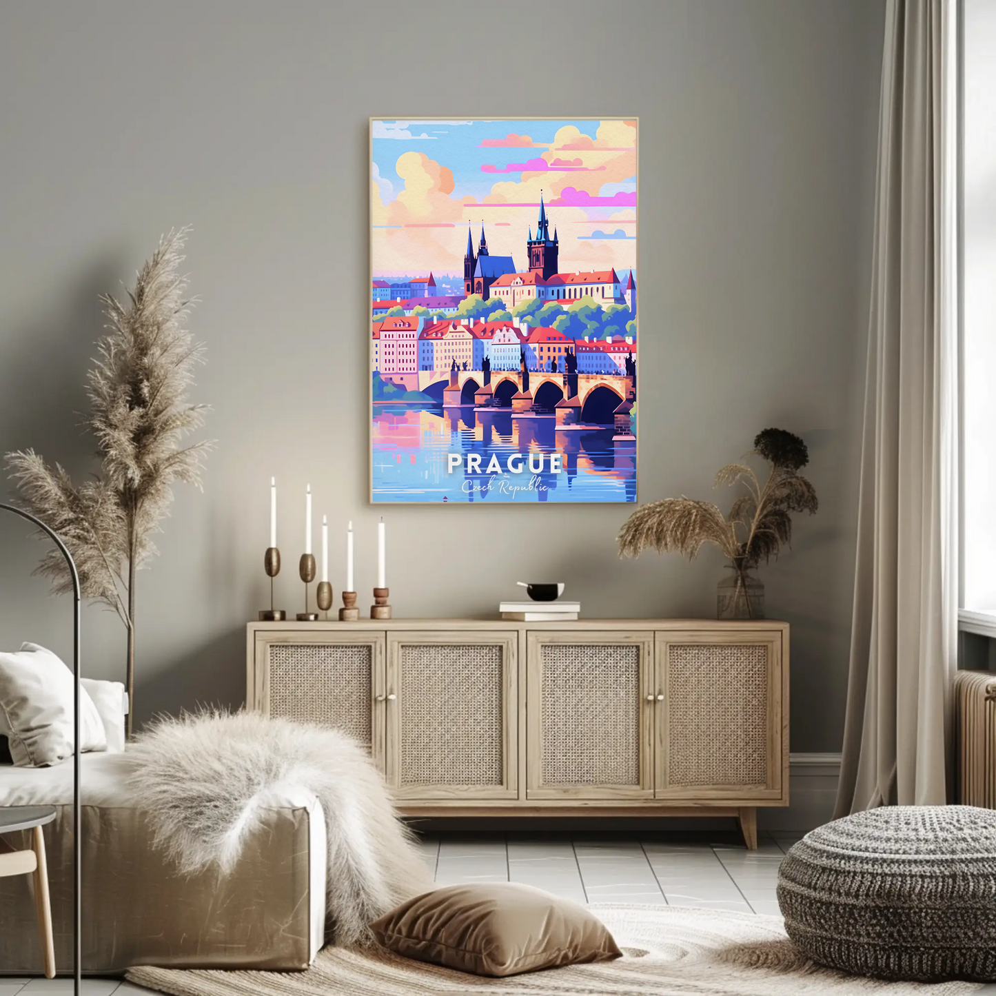Prague City Bridge Sunset Travel Poster