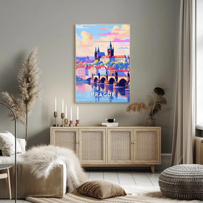 Prague City Bridge Sunset Travel Poster