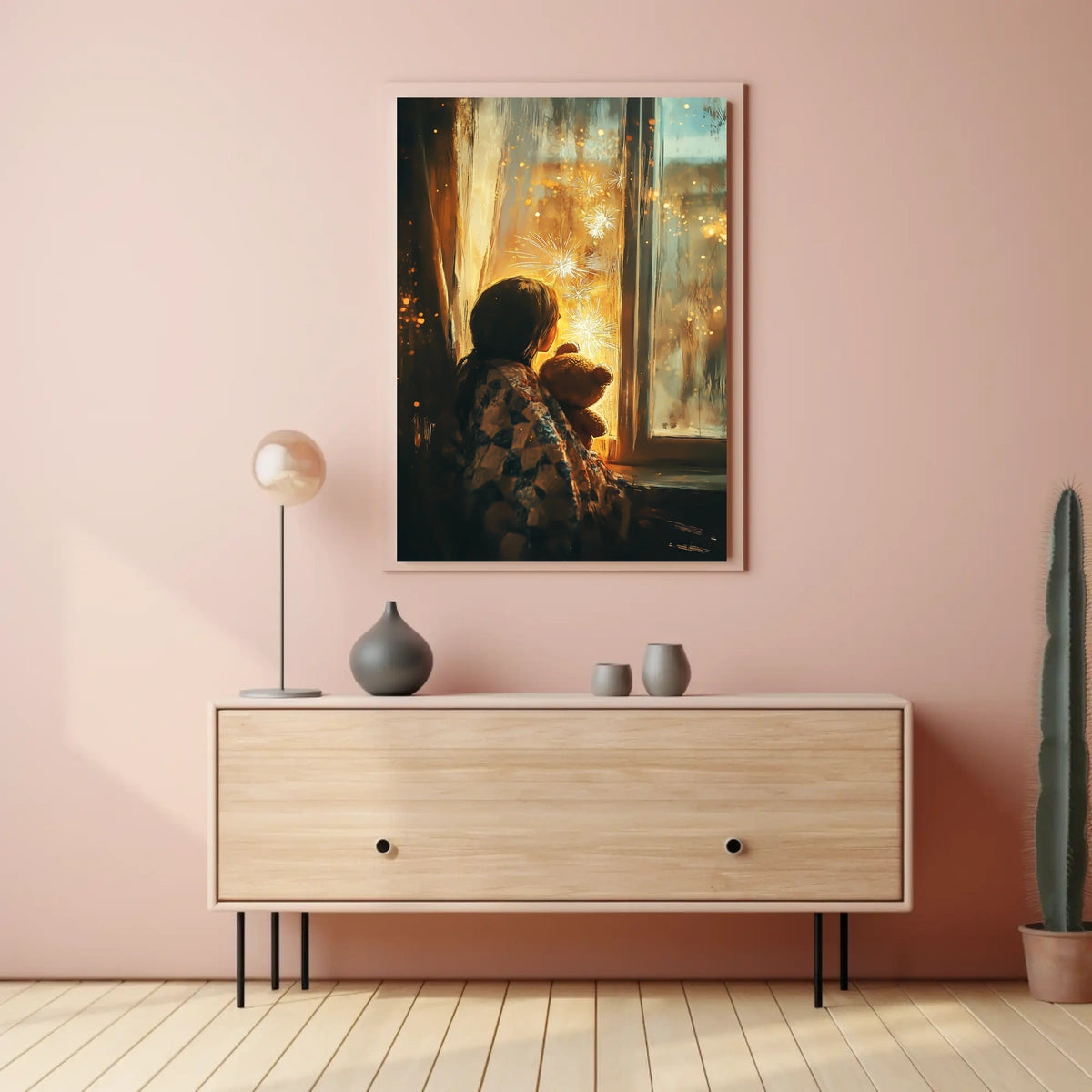 Little Girl Watching Fireworks With Teddy Bear Poster