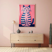 Pink Cat Poster Whimsical Art Print Wall Decor