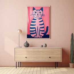 Pink Cat Poster Whimsical Art Print Wall Decor