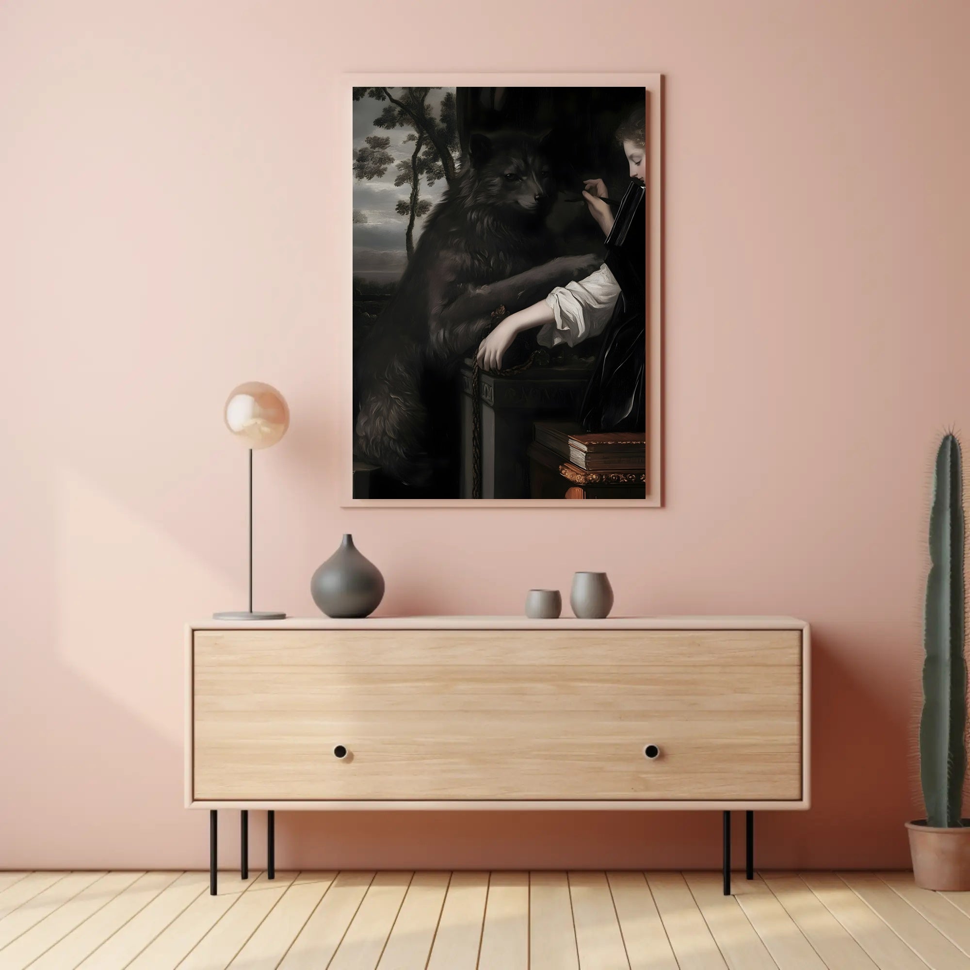 Lady and Wolf in Ornate Library Fantasy or Mythology Poster PosterGoat