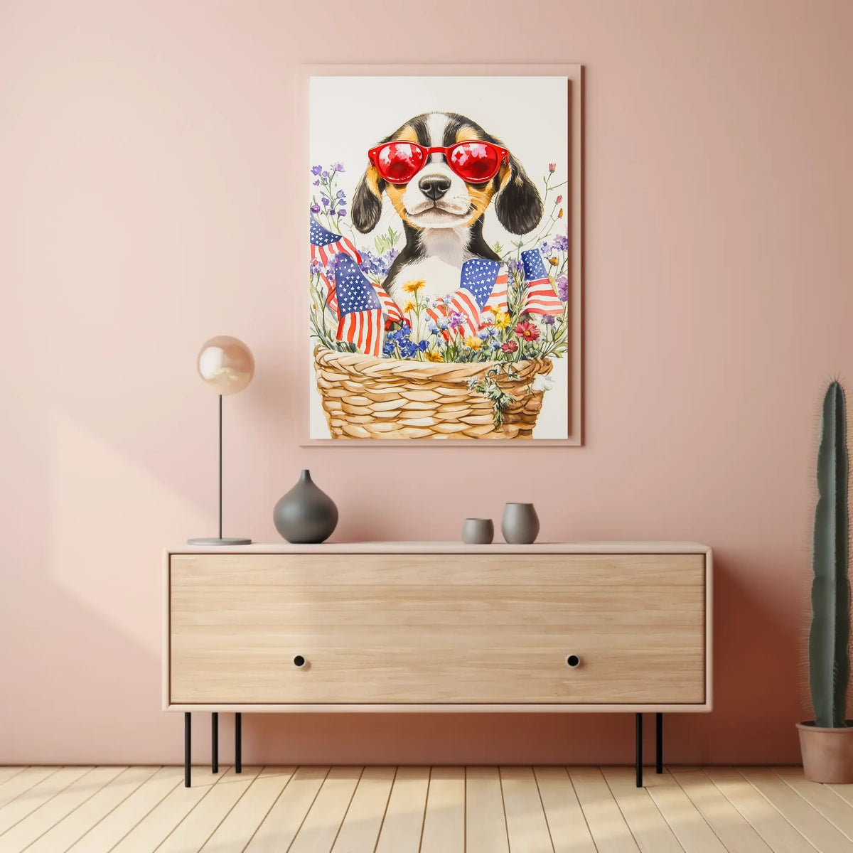 Beagle Puppy With Red Sunglasses In Floral Basket Poster