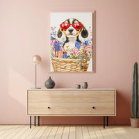 Beagle Puppy With Red Sunglasses In Floral Basket Poster