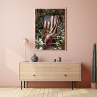 rustic garden chair with an old American flag draped Poster