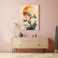 Serene Bonsai Tree with Vibrant Birds Poster PosterGoat