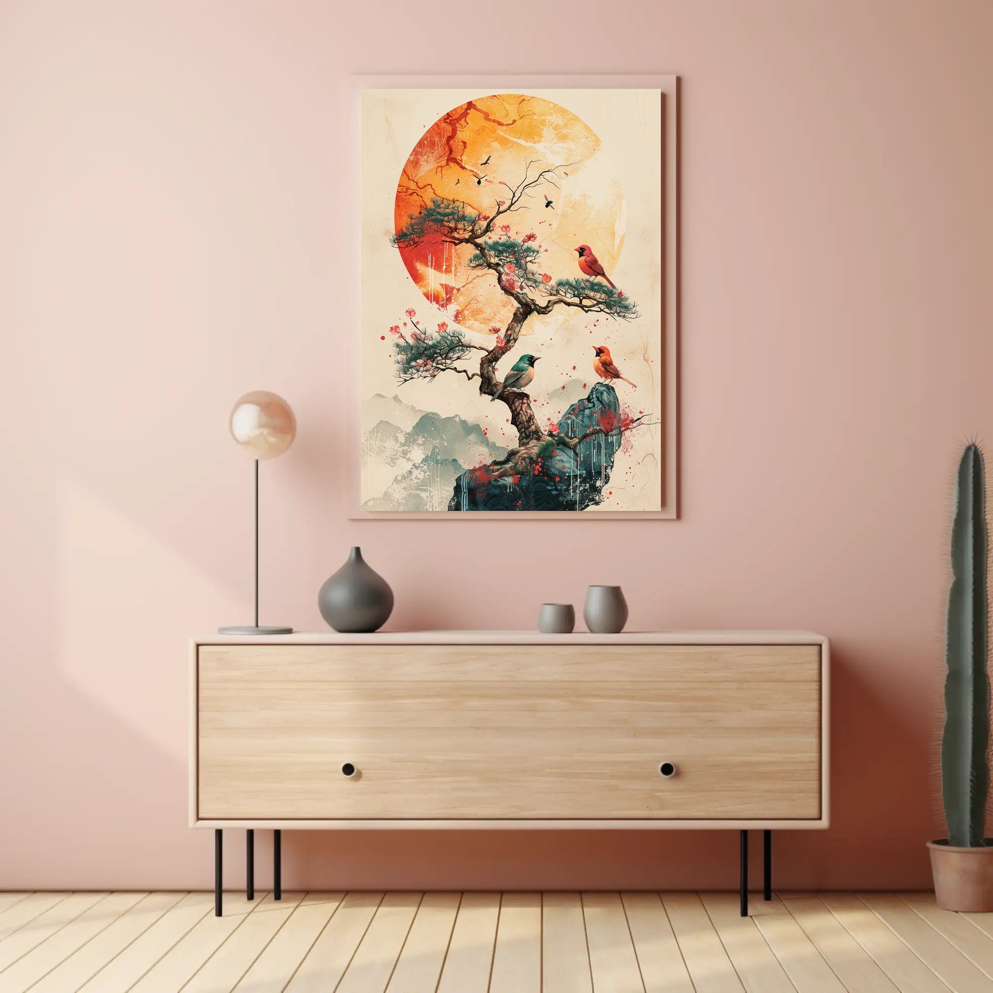 Serene Bonsai Tree with Vibrant Birds Poster PosterGoat