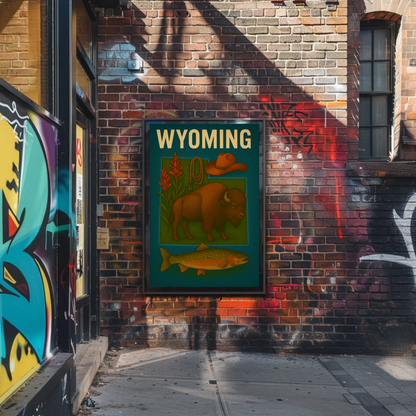 Wyoming Bison Fish Rope Hat Nature Vintage Travel Poster