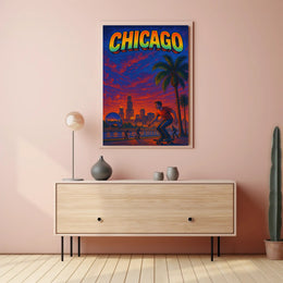 Skateboarding at Sunset in Vibrant Urban Cityscape Poster PosterGoat