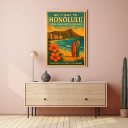 Honolulu Adventure Vintage Travel Poster Beach & Surfboards