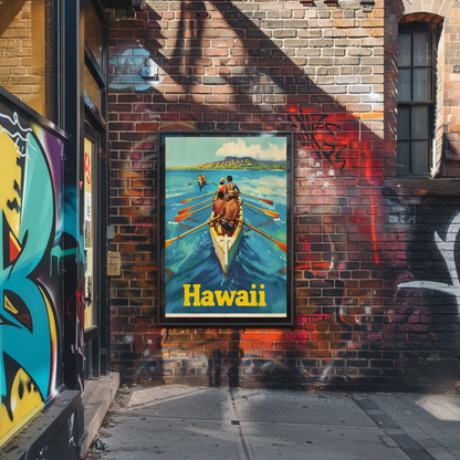 Vintage Travel Poster - Hawaii Rowing Canoe