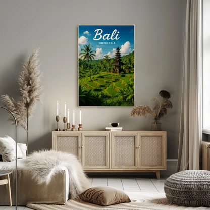 Bali Indonesia Rice Fields Temple Travel Poster