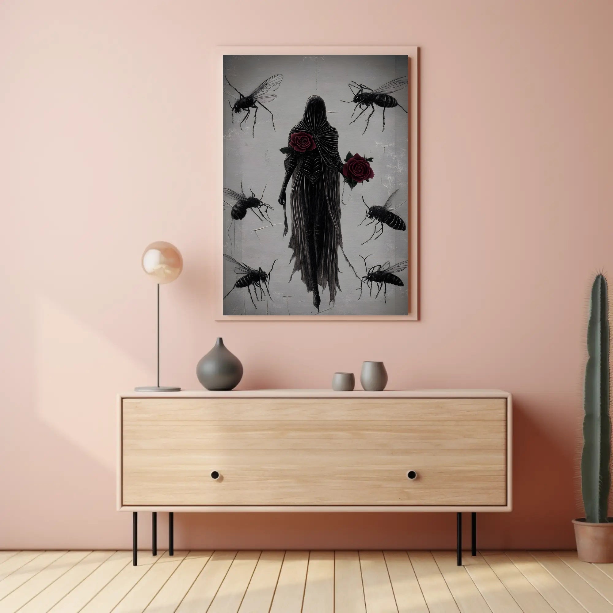 Mysterious Hooded Figure with Red Rose Artistic Poster PosterGoat