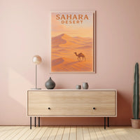 Sahara Desert Exploration Travel Retro Eighties Art Deco Camel Silhouette Golden Dunes Nostalgic Decor Poster