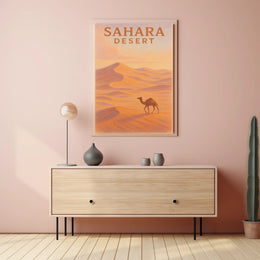 Sahara Desert Exploration Travel Retro Eighties Art Deco Camel Silhouette Golden Dunes Nostalgic Decor Poster