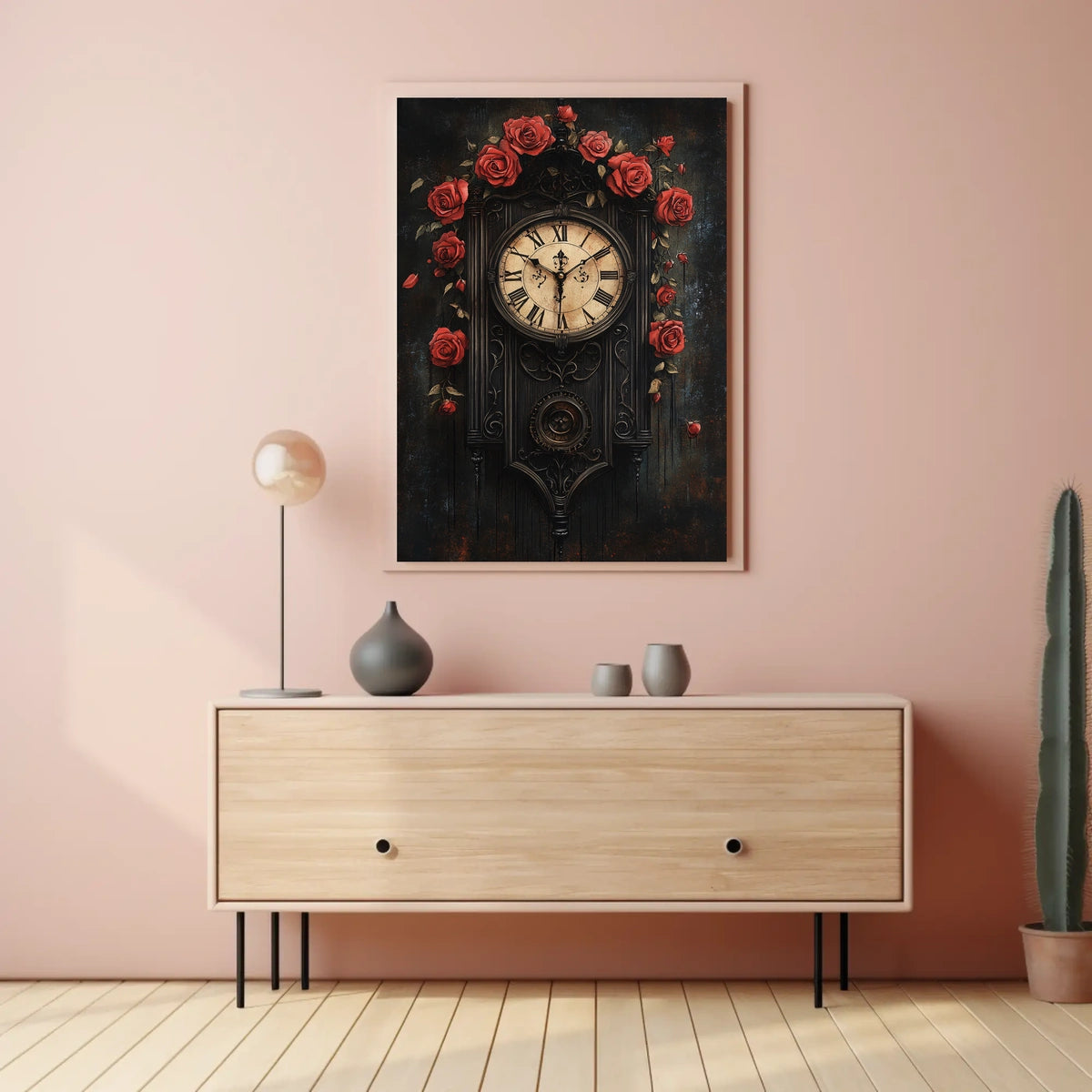 Vintage Wall Clock with Roses Artistic Poster