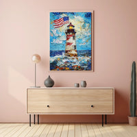 Lighthouse By The Ocean With American Flags Poster