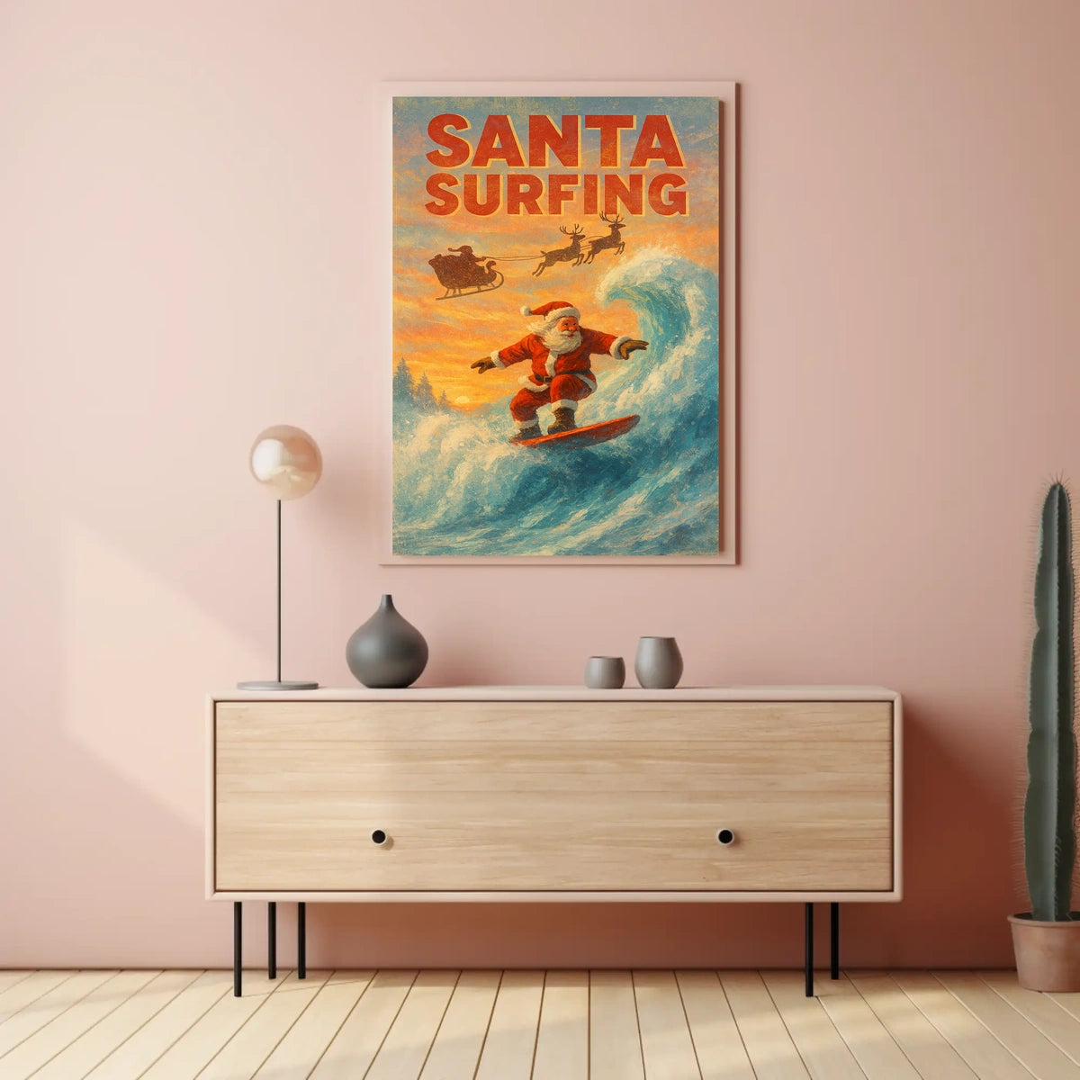 Santa Surfing Vintage Christmas Beach Poster