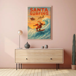 Santa Surfing Vintage Christmas Beach Poster
