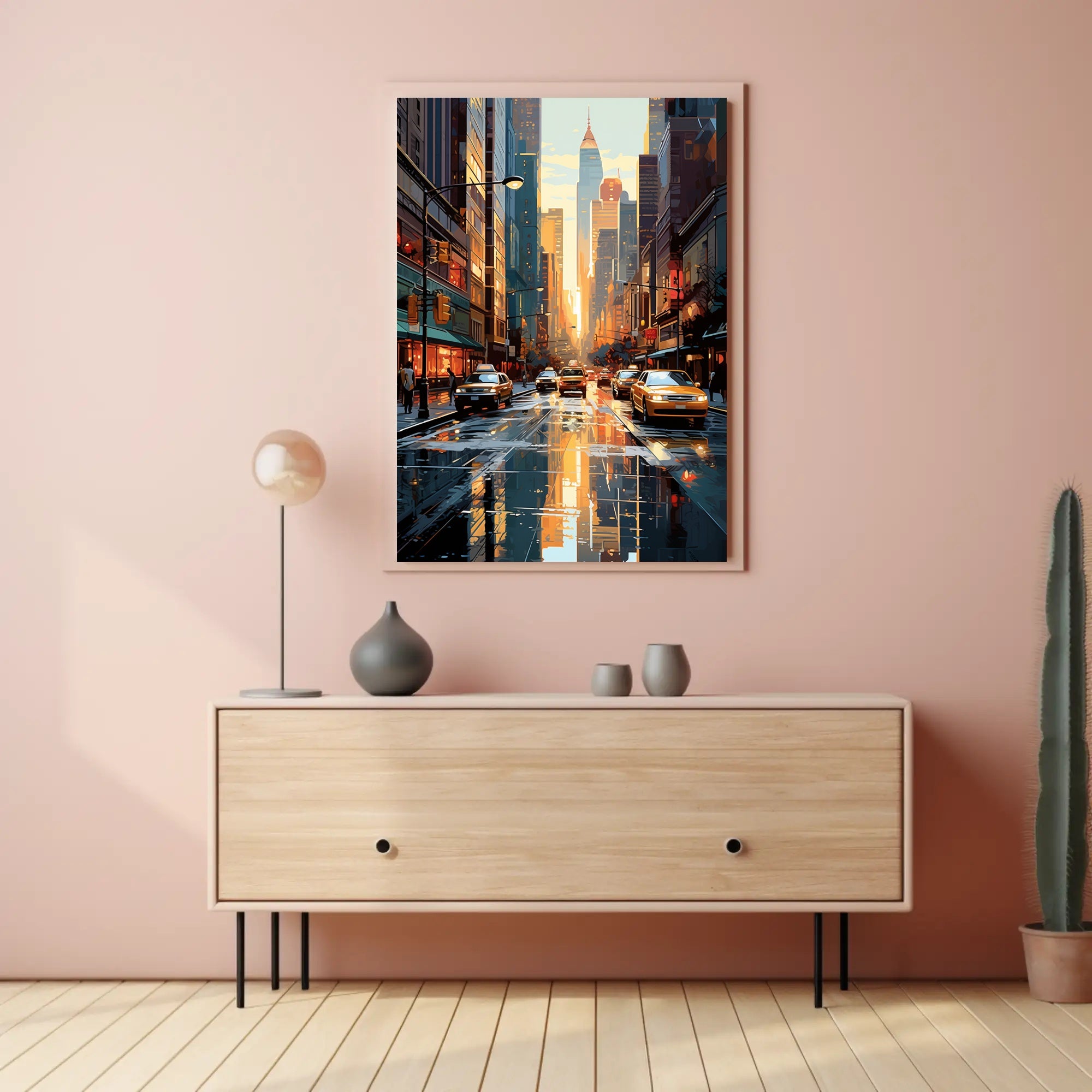 Stylized Urban Cityscape at Sundown Artistic Poster
