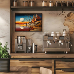 Surreal Sci-Fi Landscape with Fortress and Celestial Body Poster