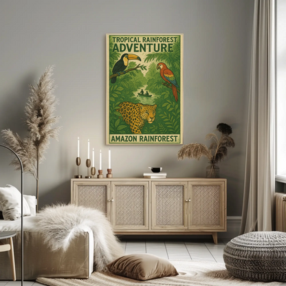Amazon Rainforest Jaguar Parrots River Poster Poster