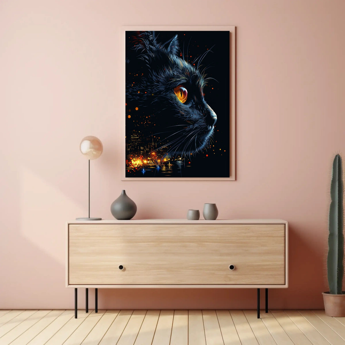 Mystical Cat with Urban Skyline Art Poster