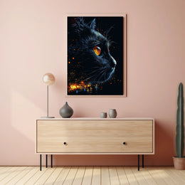 Mystical Cat with Urban Skyline Art Poster
