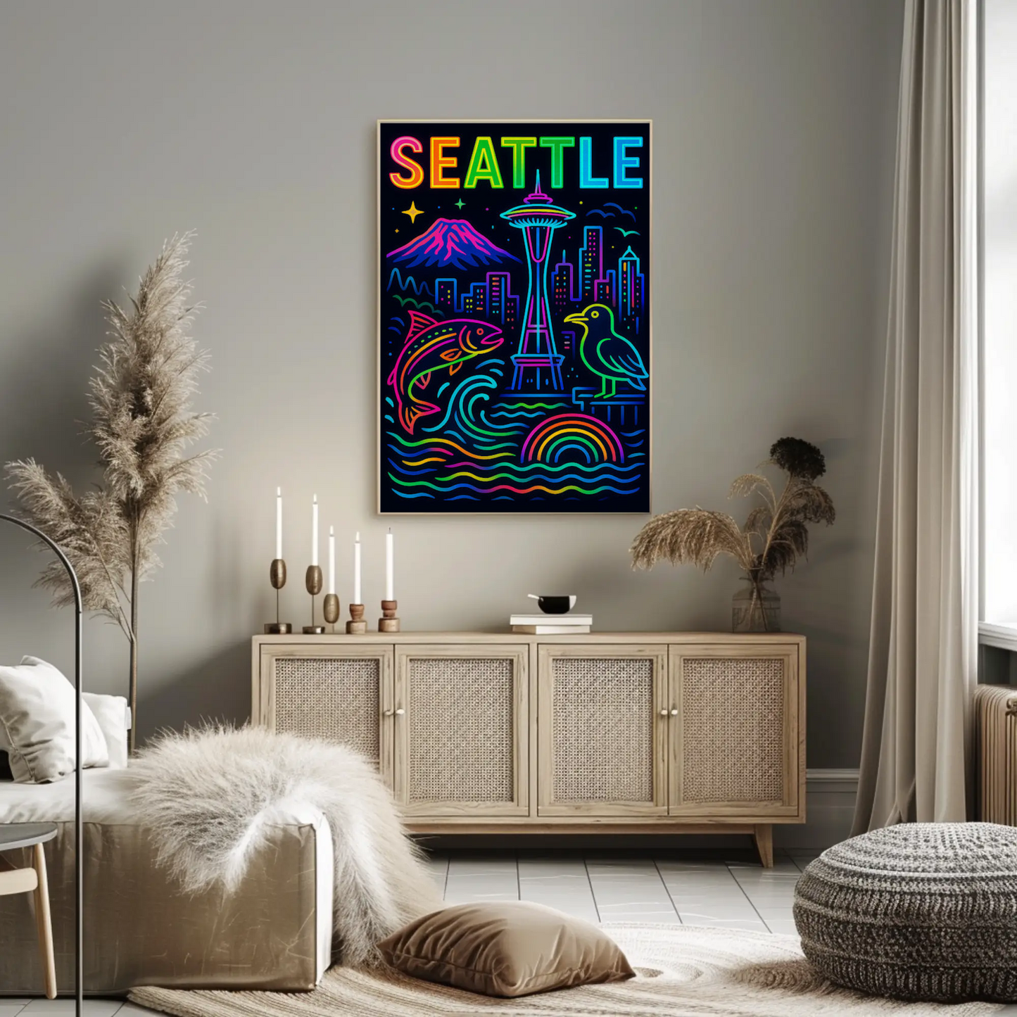 Seattle Washington Space Needle Neon Skyline Poster Poster