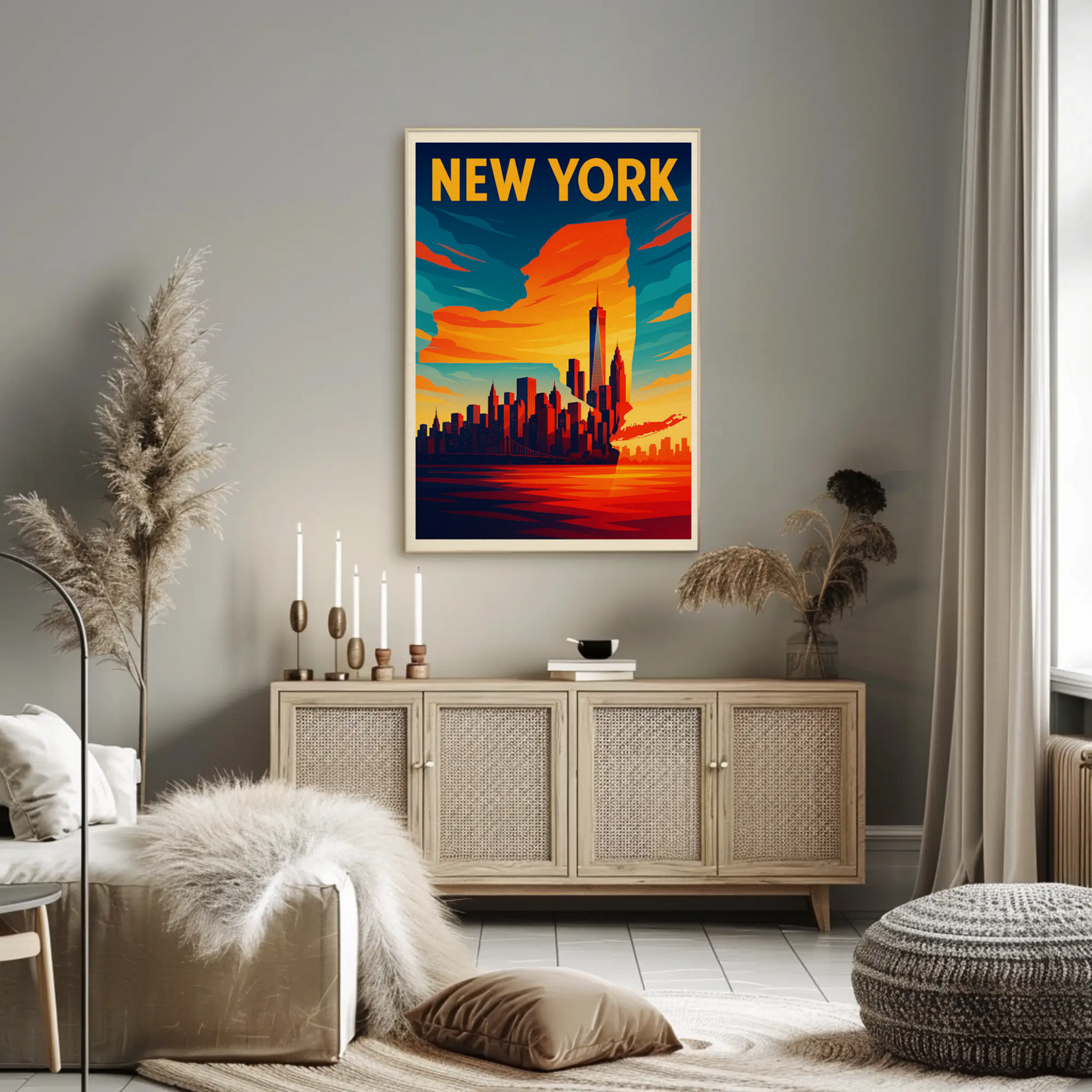 New York State Outline Skyline Sunset Silhouette Travel Poster