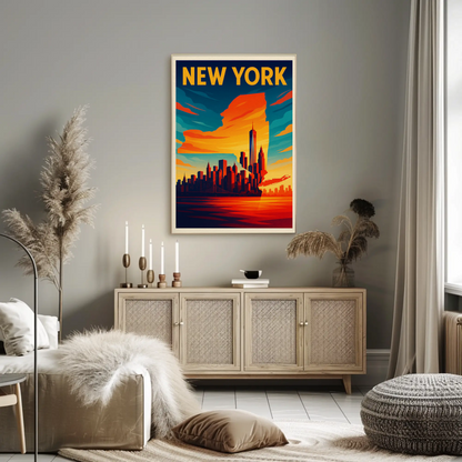 New York State Outline Skyline Sunset Silhouette Travel Poster