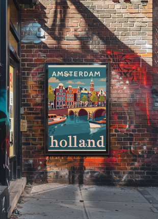 Amsterdam Holland Autumn Canal Houses Vintage Travel Poster