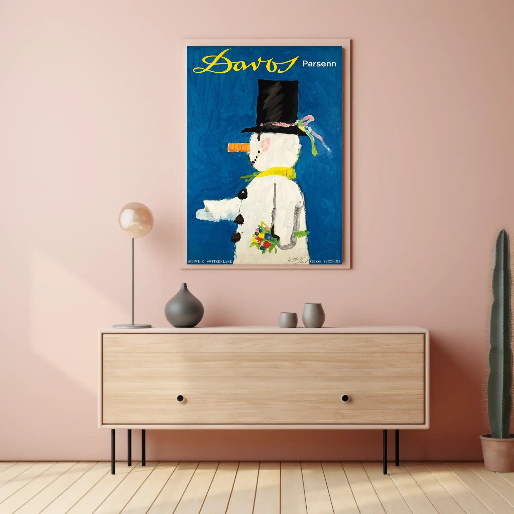 Whimsical Snowman Switzerland Travel Poster PosterGoat