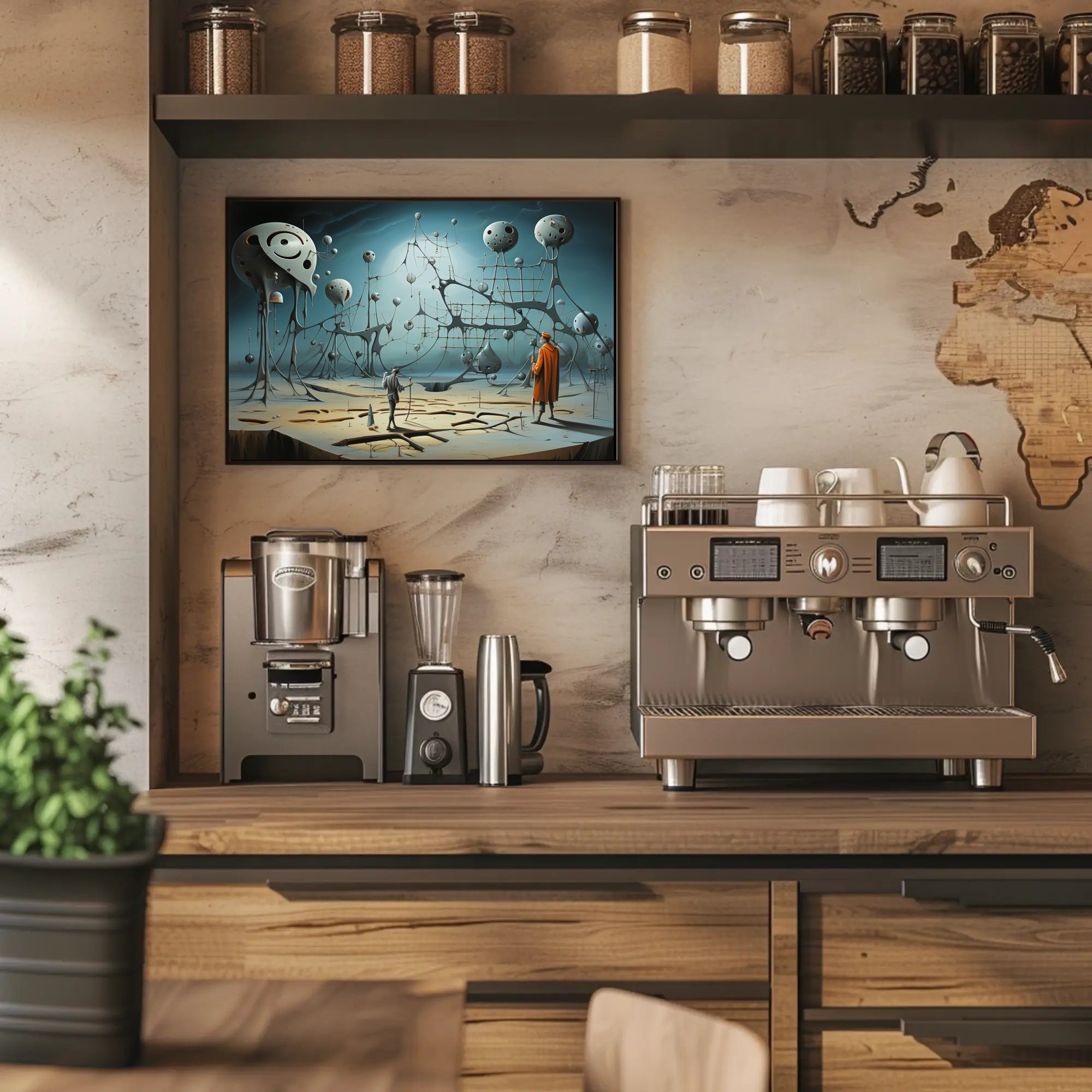 Surreal Dreamscape with Explorers: Futuristic Sci-Fi Poster
