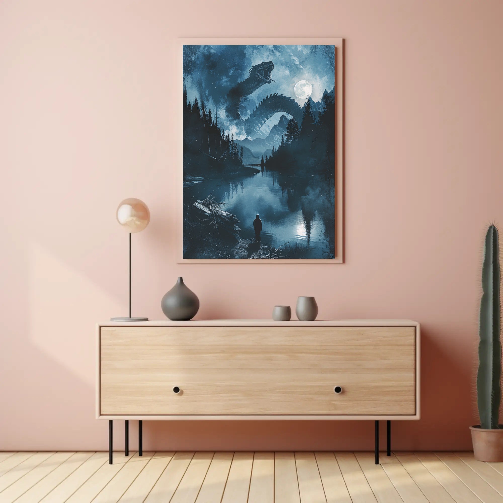 Epic Serpent Encounter in Mystical Landscape Fantasy Poster PosterGoat