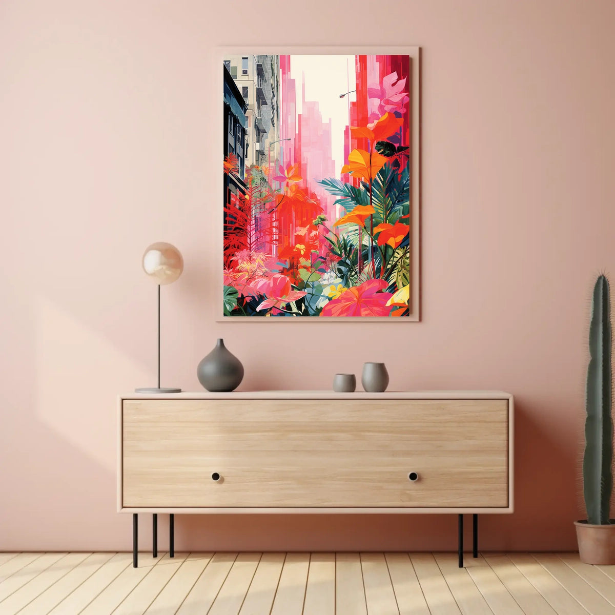 Urban Nature Fusion: Vibrant Cityscape Meets Botanical Wonderland Poster