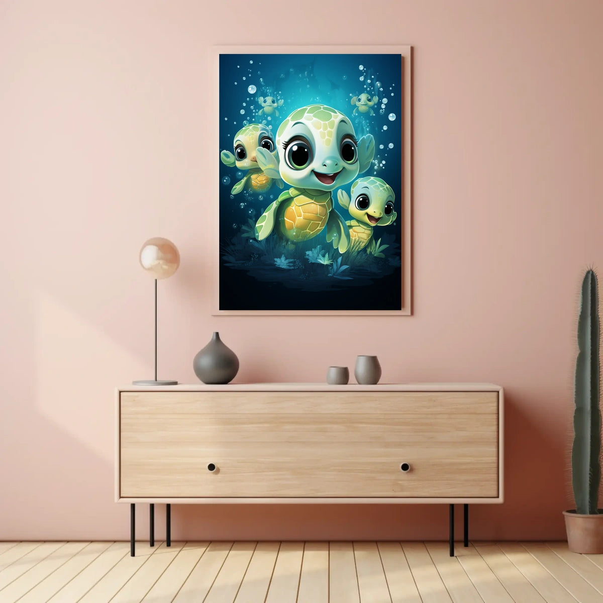 Adorable Sea Turtles Underwater Cartoon Poster Print