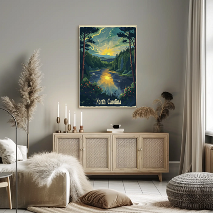 North Carolina Forest River Sunset Travel Poster