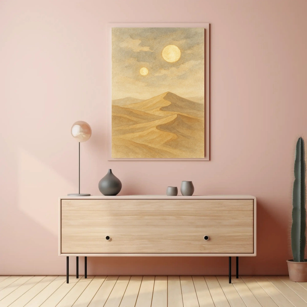 Twin Suns Over Desert Landscape Poster