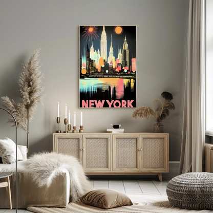 New York Night Skyline Neon Glow Lights Poster