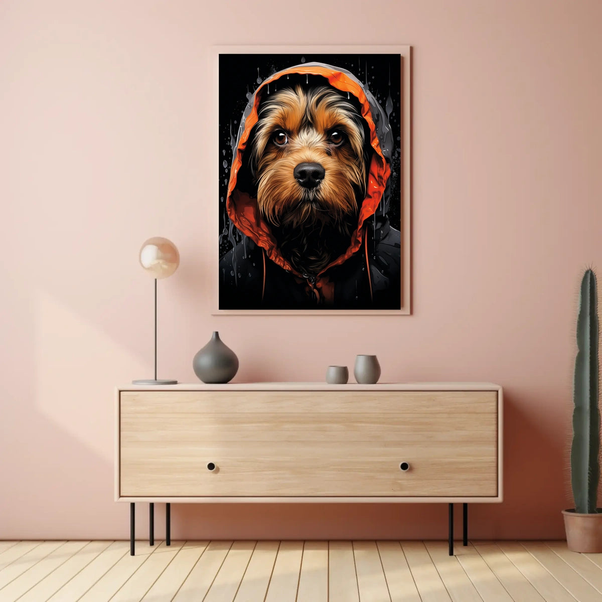 Stylized Dog in Hooded Raincoat Artistic Animal Poster