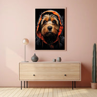 Stylized Dog in Hooded Raincoat Artistic Animal Poster