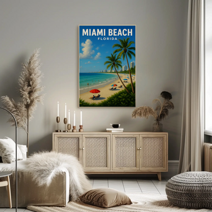 Miami Beach Florida Coastline Umbrellas Hotel Skyline Poster