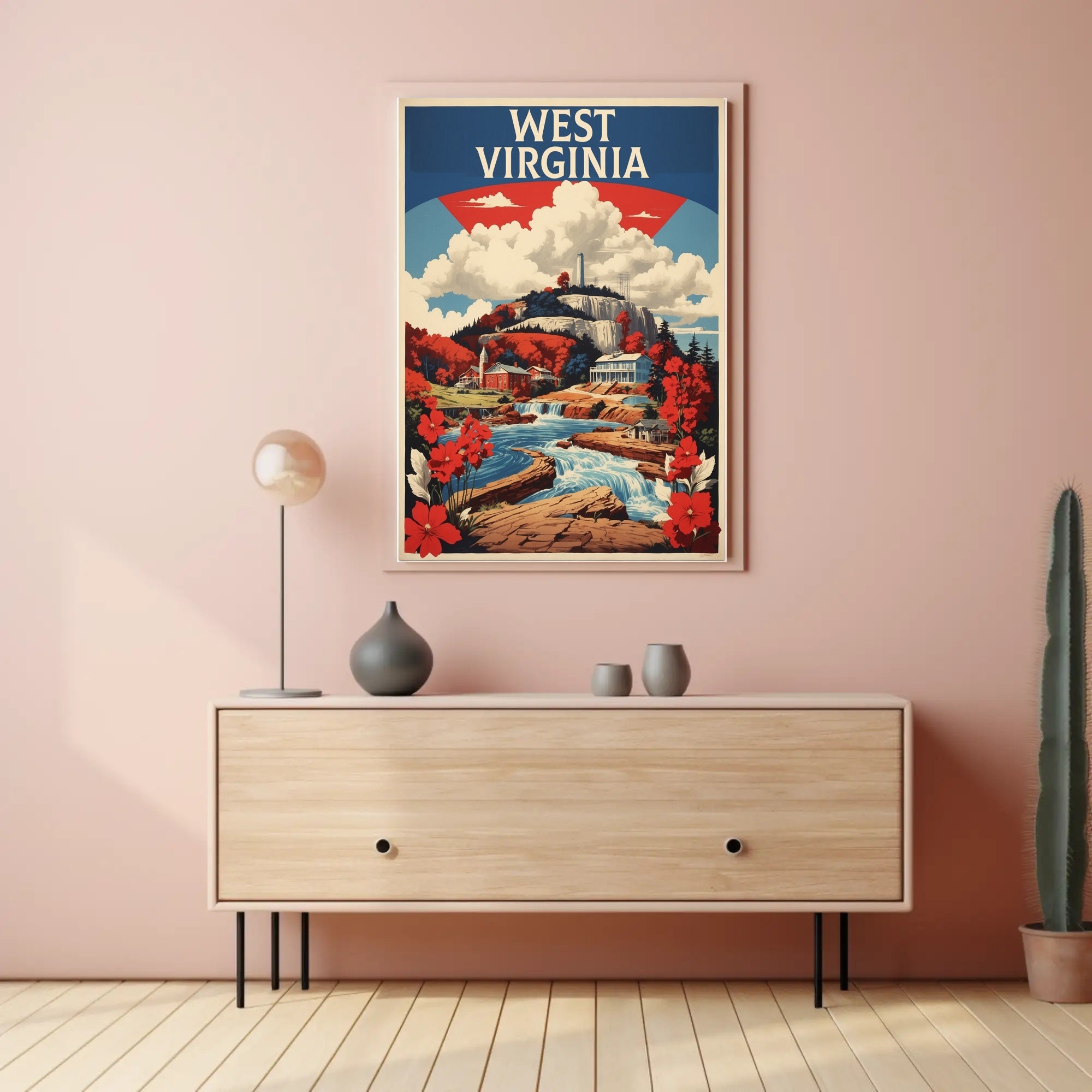 West Virginia Waterfall Vintage Travel Poster